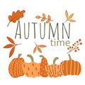 Autumn time card with inscription leaves and pumpkins Royalty Free Stock Photo