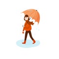 Autumn time-concept. A happy girl or character walks with an umbrella in the rain. ÃÂ¡artoon style. Royalty Free Stock Photo