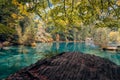 Autumn time at romantic forest lake Blausee, Switzerland.