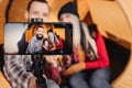 Autumn tourism family smartphone camera selfie