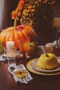 Autumn traditional table setting for Thanksgiving or Halloween Royalty Free Stock Photo