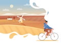 Autumn travel countryside vacation concept, cartoon hipster cyclist traveling, riding bicycle bike