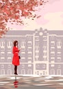 Autumn tree and a alone girl in a red coat