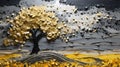 Metal And Tree: A Unique Abstract Painting With Light Silver And Yellow