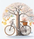 Autumn tree with bicycle and leaves