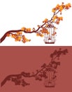 Autumn tree branch with bird and open cage - fall season vector design set