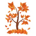 Autumn tree with falling leaves isolated on white background. Pile of leaves.