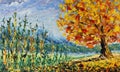 Autumn Tree In A Forest, Fallen Leaves, Tall Grass, Clouds, Golden Autumn, Painting