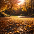 autumn tree in idyllic beautiful blurred autumn landscape panorama with fall leaves in sunshine, advertising space on Royalty Free Stock Photo