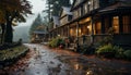 Autumn tree illuminates rustic cottage in tranquil forest generated by AI