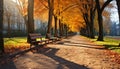 Autumn tree, leaf, bench nature tranquil beauty generated by AI