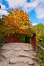 Autumn tree and red wooden bridge with stone laid pathway at the Royalty Free Stock Photo