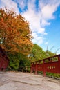 Autumn tree and red wooden bridge with stone laid pathway at the Royalty Free Stock Photo