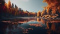 Autumn tree reflects vibrant colors in tranquil reflection lake generated by AI