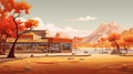 Autumn Cafe: A Modernist Landscape Illustration With Warm Tones