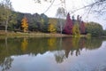 Autumn trees around lake. Fall trees reflected in lake.