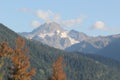 Autumn trees on the background of the peaks with glaciers and snow Royalty Free Stock Photo