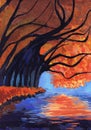 Autumn trees bent over the water. Child`s drawing Royalty Free Stock Photo