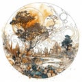 Autumn trees, clip art, design element in a circle. Desolated landscape, brown and orange, earth colors, AI generative