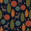 Autumn trees and deer seamless pattern on dark background.