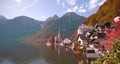 Autumn trees at the famous Hallstatt mountain village with Hallstaetter Lake in the Austrian Alps, region of Salzkammergut, Royalty Free Stock Photo