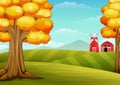 Autumn trees in farm landscape with barn and windmill