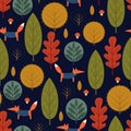 Autumn trees and fox seamless pattern on dark blue background. Royalty Free Stock Photo