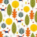 Autumn trees and fox seamless pattern on white background. Royalty Free Stock Photo