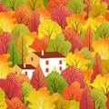Autumn rural landscape with trees, leaves and village house. Background with cottage and  forest. Bright natural banner  with plan Royalty Free Stock Photo