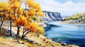 Spectacular Watercolor Painting Of A River With Yellow Trees And Cliffs