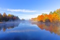 Autumn trees and mist on the water