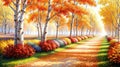 An autumn trees with orange yellow leaves, beautiful autumn landscape, oil painting on canvas