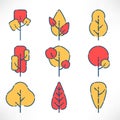 Autumn trees with outline set in flat style isolated on white background. Red yellow tree logo. Simple plants icons. Vector Royalty Free Stock Photo