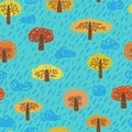 Autumn trees and rainy clouds seamless pattern vector illustration. Kids Drawing style