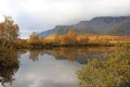 Northern autumn landscape with reflection of trees in water