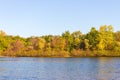 Autumn trees on the river. Autumn lake and colorful forest. River landscape on sunny day. Scenic nature in the fall. Royalty Free Stock Photo