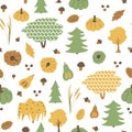 Autumn trees seamless pattern. Vector hand drawn larch, willow, alder, oak, leaves, acorn, pumpkins, wheat, mushrooms elements