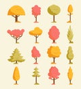 Autumn trees set. Orange fall trees and leaves.Colorful collection of autumn elements. Vector illustration Royalty Free Stock Photo