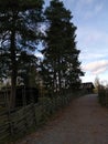 Autumn Trees Sky Road Hut Fence Pines Royalty Free Stock Photo