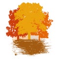 Autumn trees and smear brush, logo, badge. Silhouette of beautiful oak and birch and poplar and bush. Vector illustration