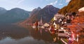 The Autumn trees season view at Hallstatt mountain village in the Austrian Alps at beautiful light in Salzkammergut region, Royalty Free Stock Photo