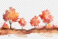 Autumn trees watercolor horizontal banner isolated on transparent background