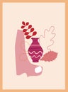 Autumn trendy card collage. Minimal shapes vase colour pastel flora. Template fall poster, banner vector illustration