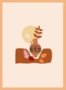 Autumn trendy card collage. Minimal shapes vase colour pastel flora. Template fall poster, banner vector illustration