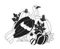 Autumn turkey pumpkins black and white cartoon flat illustration