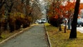 Autumn. Twilight day. City street filled with cars. And an empty sidewalk. Royalty Free Stock Photo