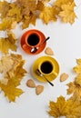 Autumn. Two cups of coffee and cookies in the shape of the leave