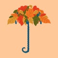 Autumn umbrella made of leaves. Vector in cartoon style.