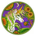 Autumn unicorn ornamental color round vector illustration