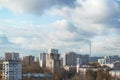 Autumn urban landscape - houses on the outskirts of Moscow at sunset, sky with clouds and residential buildings Royalty Free Stock Photo